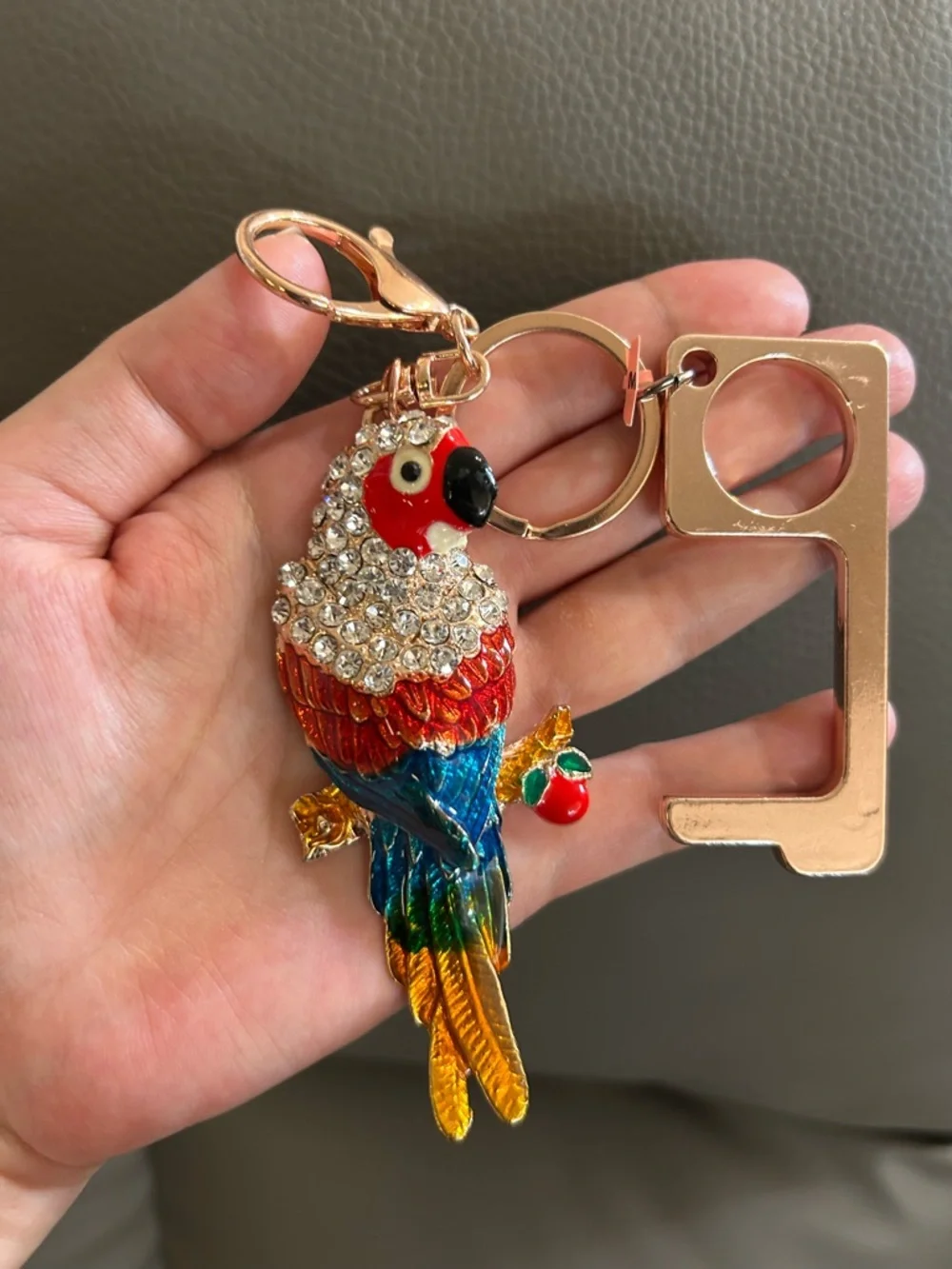 Rhinestone Parrot Keychain Bag Charm + No Touch Door Opener Tool